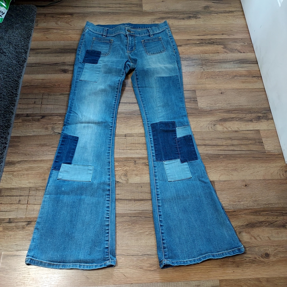 Soho By New York And Co Patchwork Wide Leg Flare med wash Jeans Sz 6 boho hippie